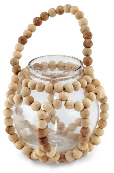 Lantern of glass with wooden pearls